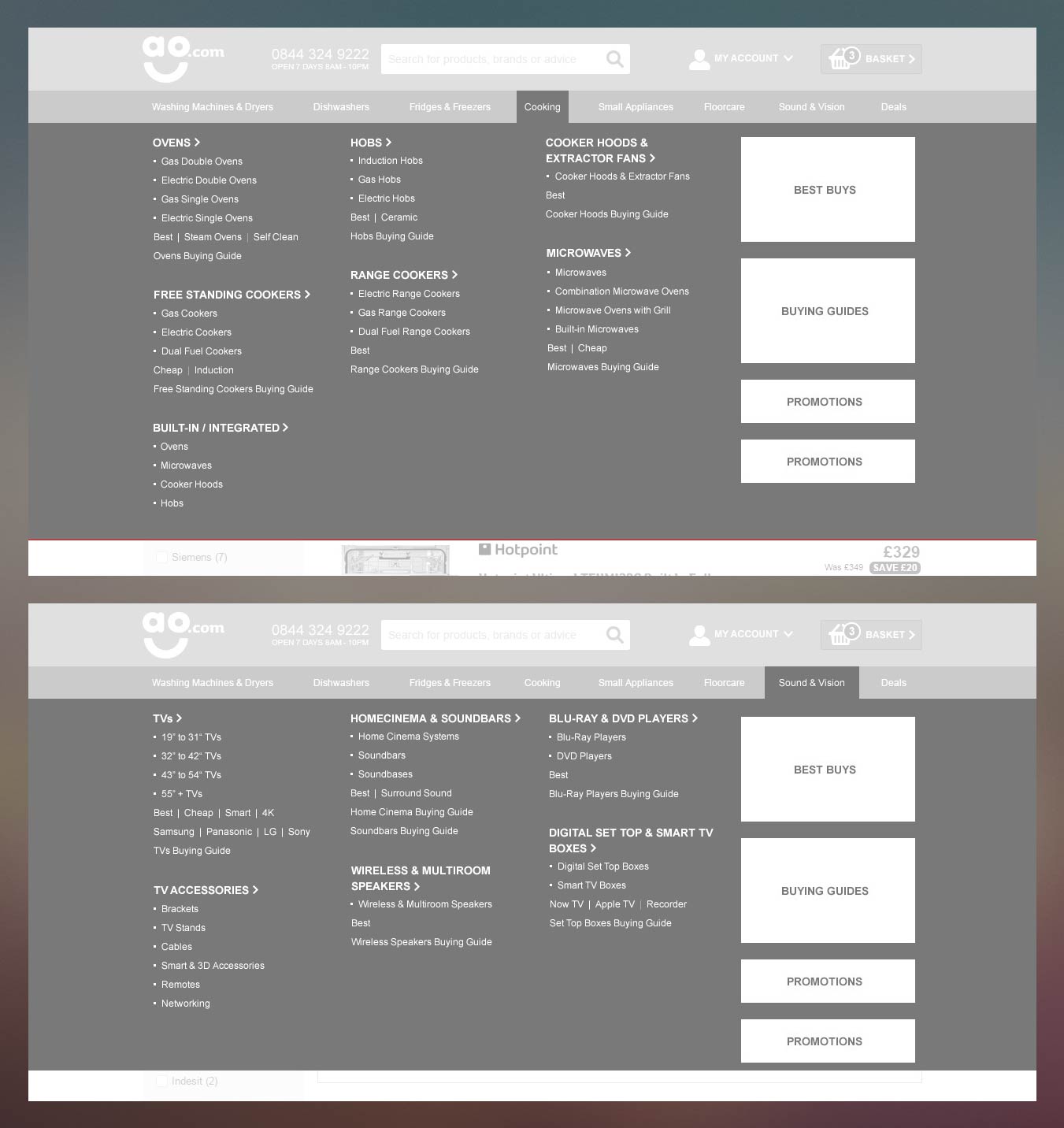 ao.com Header / Menu Wireframes
